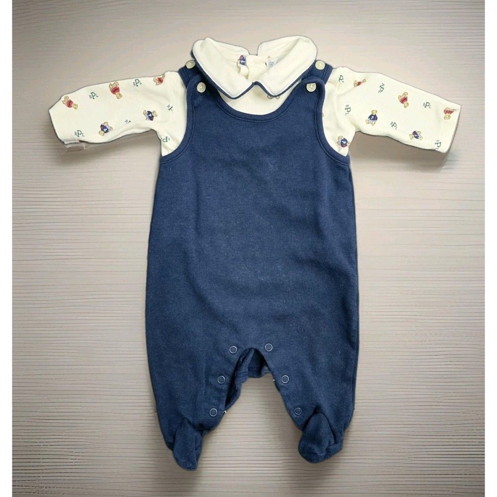 Ralph Lauren Baby Boy Polo Bear 2 Piece Outfit Bodysuit Footed Overall 0-3M